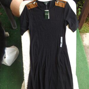 Polo Ralph Lauren Maxi Dress Size XL Black Waffle Knit W/ Brown & Zip Accents